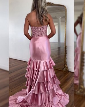 Pink Beading Strapless Side Slit Mermaid Prom Dress With Layered Skirt  PM2733