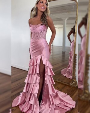 Pink Beading Strapless Side Slit Mermaid Prom Dress With Layered Skirt  PM2733