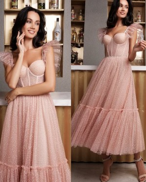 Dusty Pink Sparkle Square Neckline Ankle Length Formal Dress  PM2736