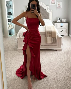 Burgundy Spaghetti Straps Satin Mermaid Prom Dress With Side Slit  PM2741