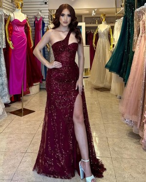 Burgundy Sequin One Shoulder Mermaid Prom Dress With Side Slit  PM2747