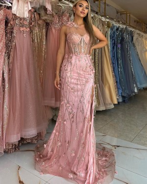 Beading Pink One Shoulder Mermaid Prom Dress With Side Slit  PM2749