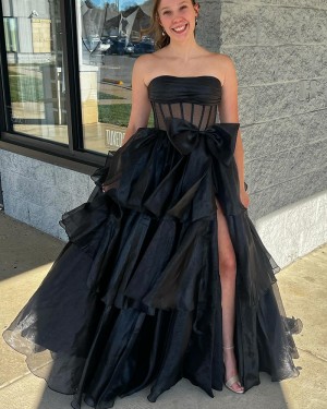 Black Ruched Strapless Layered Skirt Prom Dress With Side Slit & Bowknot  PM2754