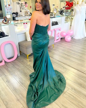 Teal Green Applique Bodice Sweetheart Satin Mermaid Prom Dress with Side Slit PM2760