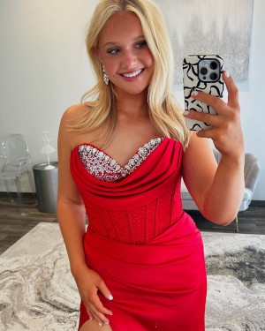 Ruched & Beading Bodice Sweetheart Red Satin Prom Dress with Side Slit PM2761
