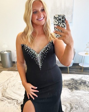 Beading Bodice V-neck Black Satin Prom Dress with Side Slit PM2766