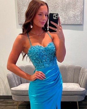 Blue Beading Bodice Spaghetti Straps Satin Mermaid Prom Dress with Side Slit PM2767