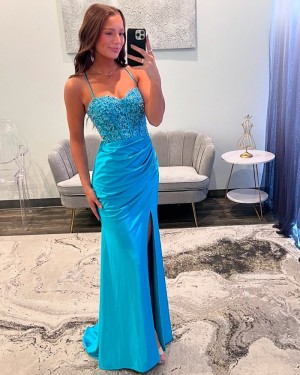 Blue Beading Bodice Spaghetti Straps Satin Mermaid Prom Dress with Side Slit PM2767