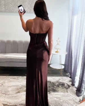 Strapless Brown Simple Satin Mermaid Prom Dress with Side Slit PM2768