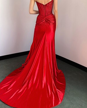 Beading Burgundy Ruched Strapless Mermaid Prom Dress with Side Slit PM2771