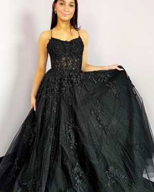 Black Lace Applique Spaghetti Straps Tulle Prom Dress PM2773