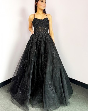 Black Lace Applique Spaghetti Straps Tulle Prom Dress PM2773