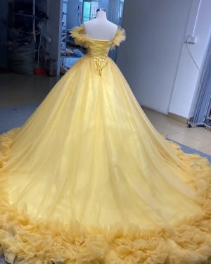 Yellow Tulle Ruffle Off the Shoulder Ball Gown Prom Dress PM2775