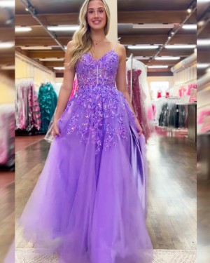 Spaghetti Straps Lace Applique Lavender Tulle Prom Dress with Side Slit PM2776