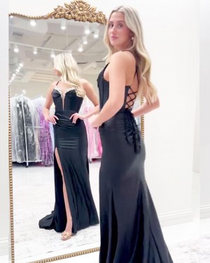 Yellow Satin Beading Bodice Spaghetti Straps Prom Dress with Side Slit PM2777