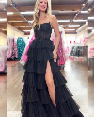 Applique Bodice Rose Red Strapless Side Slit Prom Dress with Layered Skirt PM2778