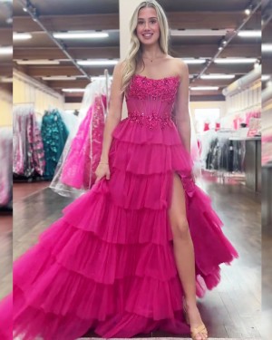 Applique Bodice Rose Red Strapless Side Slit Prom Dress with Layered Skirt PM2778