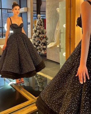 Square Neckline Sparkle Ankle Length Black A-line Prom Dress PM2782