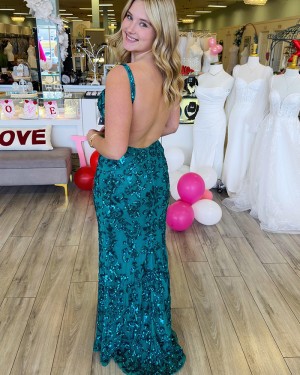 Green V-neck Sequin Lace Mermaid Prom Dress with Side Slit PM2786