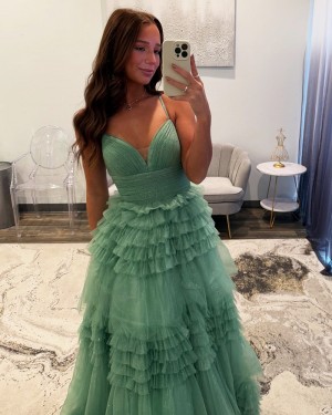 Ruched Tulle Spaghetti Straps Mint Layered A-line Prom Dress PM2788