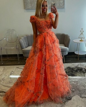 Floral Scoop Tulle Ruffle A-line Prom Dress with Short Sleeves PM2790
