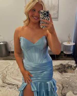 Light Blue Sweetheart Satin Side Slit Mermaid Prom Dress with Layered Skirt PM2791