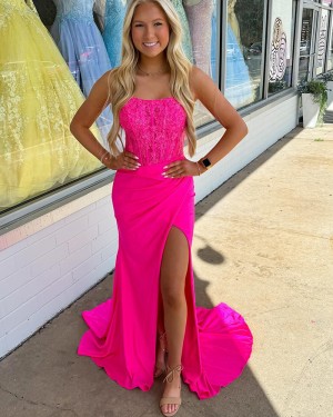 Pink Lace Bodice Strapless Satin Mermaid Prom Dress with Side Slit PM2792