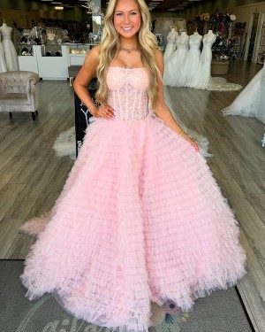 Light Pink Lace Bodice Strapless A-line Prom Dress with Ruffle Skirt PM2793