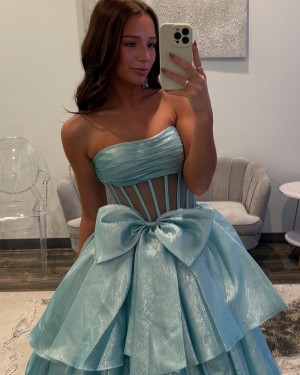 Strapless Light Blue Ruched Metallic A-line Layered Skirt Prom Dress with Bowknot PM2798