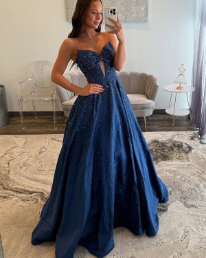 Navy Blue Sweetheart Beaded Cutout A-line Prom Dress with Bowknot PM2799