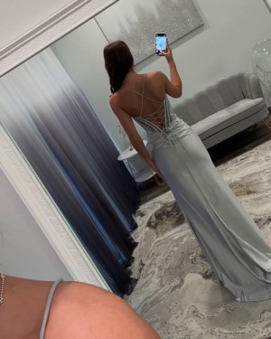 Silver Spaghetti Straps Lace Bodice Sheath Prom Dress with Side Slit PM2800