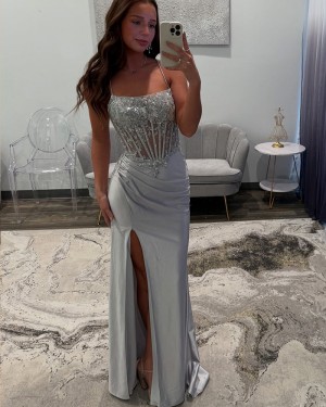 Silver Spaghetti Straps Lace Bodice Sheath Prom Dress with Side Slit PM2800