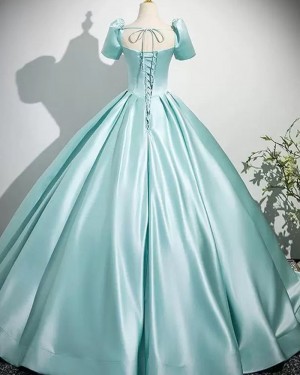 Cyan Square Neckline Satin Pleated Evening Dress with Short Sleeves PM2803