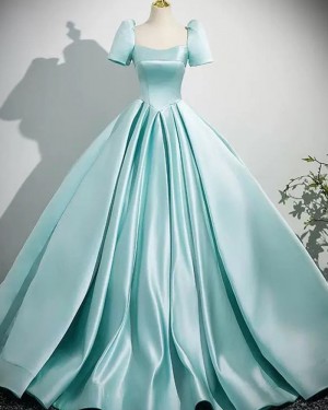 Cyan Square Neckline Satin Pleated Evening Dress with Short Sleeves PM2803
