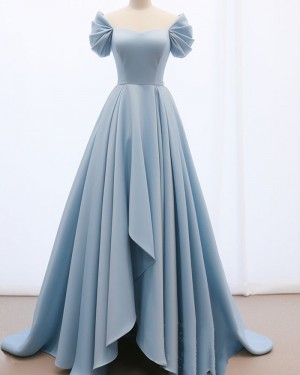 Dusty Blue Off the Shoulder High-Low Satin Prom Dress PM2805