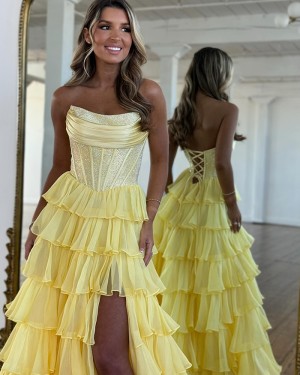 Tulle Beaded Bodice Strapless Layered Skirt Prom Dress with Side Slit PM2806