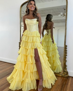 Tulle Beaded Bodice Strapless Layered Skirt Prom Dress with Side Slit PM2806
