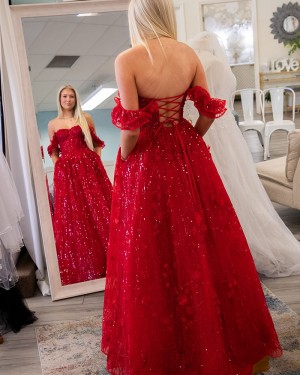 Red Off the Shoulder Applique Sequin A-line Prom Dress PM2808
