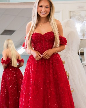 Red Off the Shoulder Applique Sequin A-line Prom Dress PM2808
