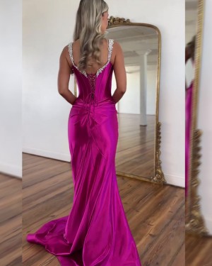 Purple V-neck Beaded Satin Mermaid Prom Dress with Side Slit PM2814