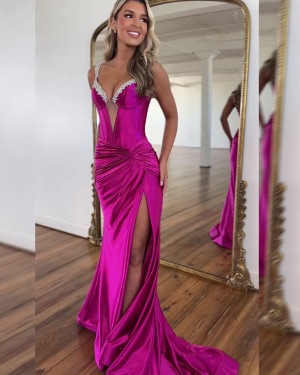 Purple V-neck Beaded Satin Mermaid Prom Dress with Side Slit PM2814