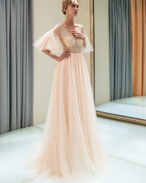 Tulle Long V-neck Champagne Beading Bodice Evening Dress with Short Bell Sleeves QD002