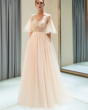 Tulle Long V-neck Champagne Beading Bodice Evening Dress with Short Bell Sleeves QD002