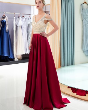 Gorgeous V-neck Beading Bodice Cold Shoulder Satin Evening Dress QD003