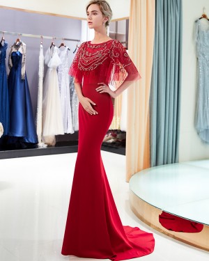 Elegant Jewel Neck Mermaid Satin Red Beading Bodice Evening Dress QD004