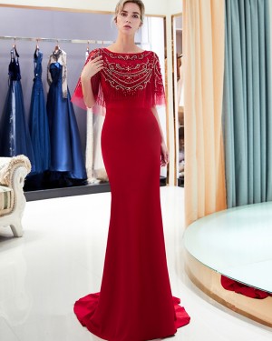 Elegant Jewel Neck Mermaid Satin Red Beading Bodice Evening Dress QD004