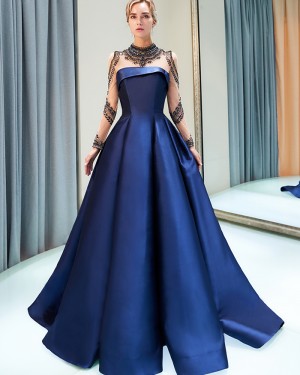 Gorgeous Royal Blue Pleated Satin High Neck Beading Evening Dress with Long Sleeves QD005