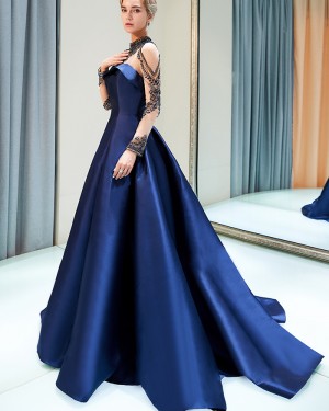 Gorgeous Royal Blue Pleated Satin High Neck Beading Evening Dress with Long Sleeves QD005