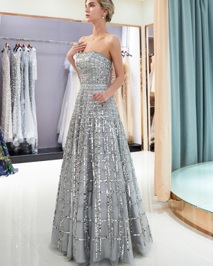 Amazing Metallic Beading Grey Strapless Pleated Evening Dress QD007