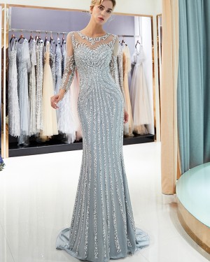Jewel Mermaid Grey Sparkle Beading Evening Dress with Long Sleeve QD008